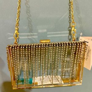 Clear acrylic bag with rhinestones and has detachable gold chain. NWT